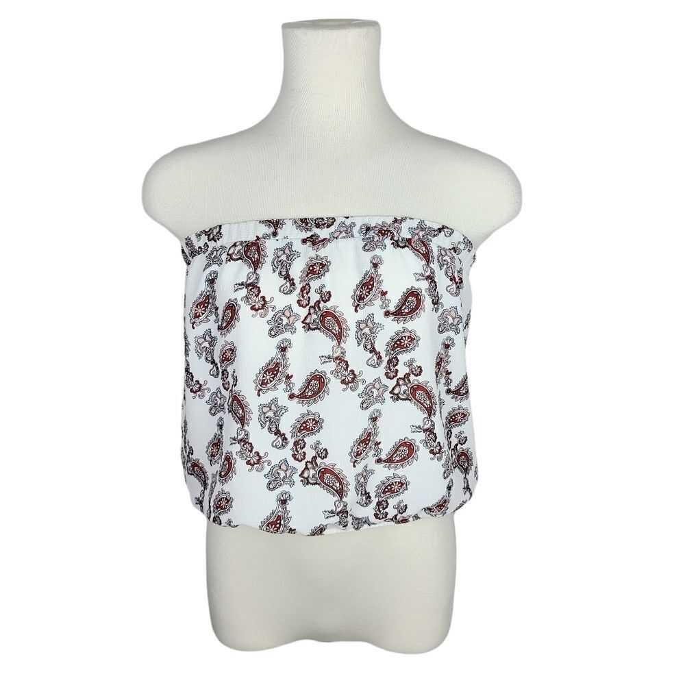 Guess White & Brown Paisley Print Tube Top Medium